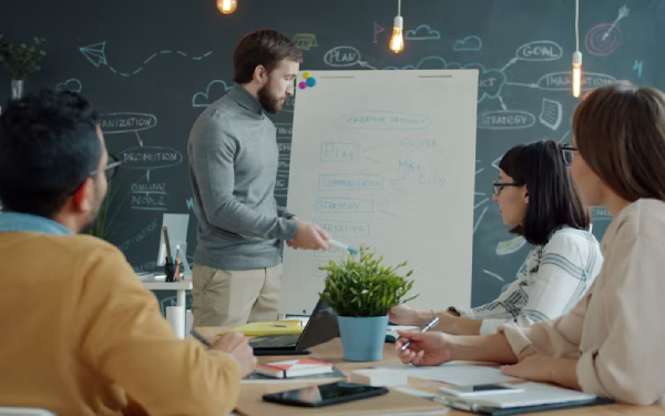 Man presenting notes on a flip chart to seated colleagues